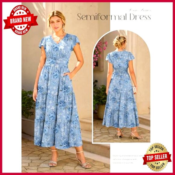 Floral Maxi Dress Short Sleeve Semi Formal Wedding Guest Elegant Flowy - Picture 2 of 7